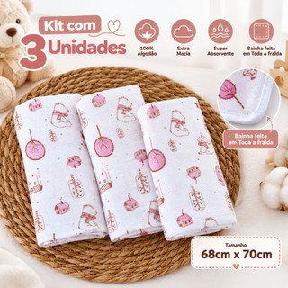 Kit 3 Fralda Pano de Ombro Bebe Com Bainha 100% algodão camada dupla ...