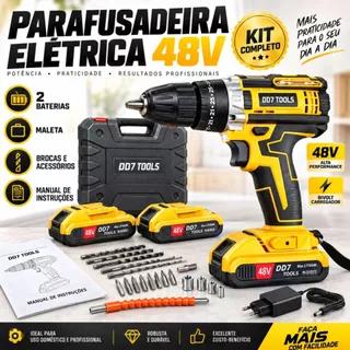 Parafusadeira Furadeira Sem Fio 48V 2 Baterias Lítio Kit Maleta Acessórios 2 Velocidades Luz LED Uso Doméstico