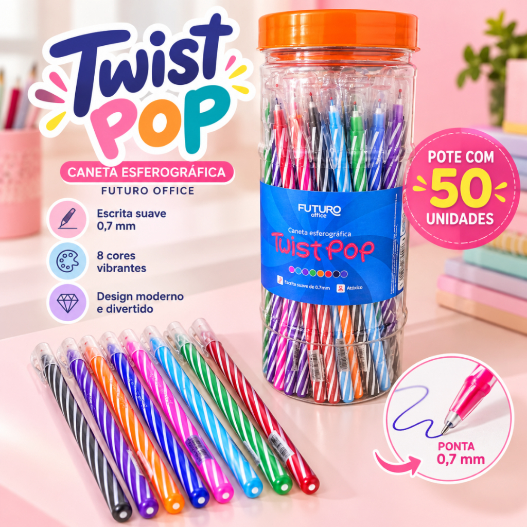 Caneta Twist Pop Futuro Office 0,7mm 8 Cores Pote com 50 Unidades ...