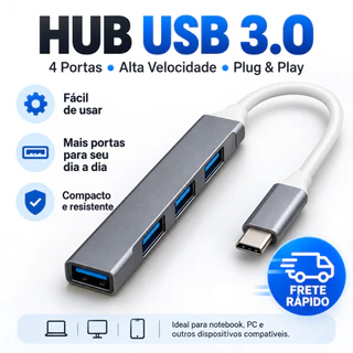 Hub USB-C 3.0 4 Portas Super Rápido Alta Velocidade Compatível com Notebook Macbook PC e Celular