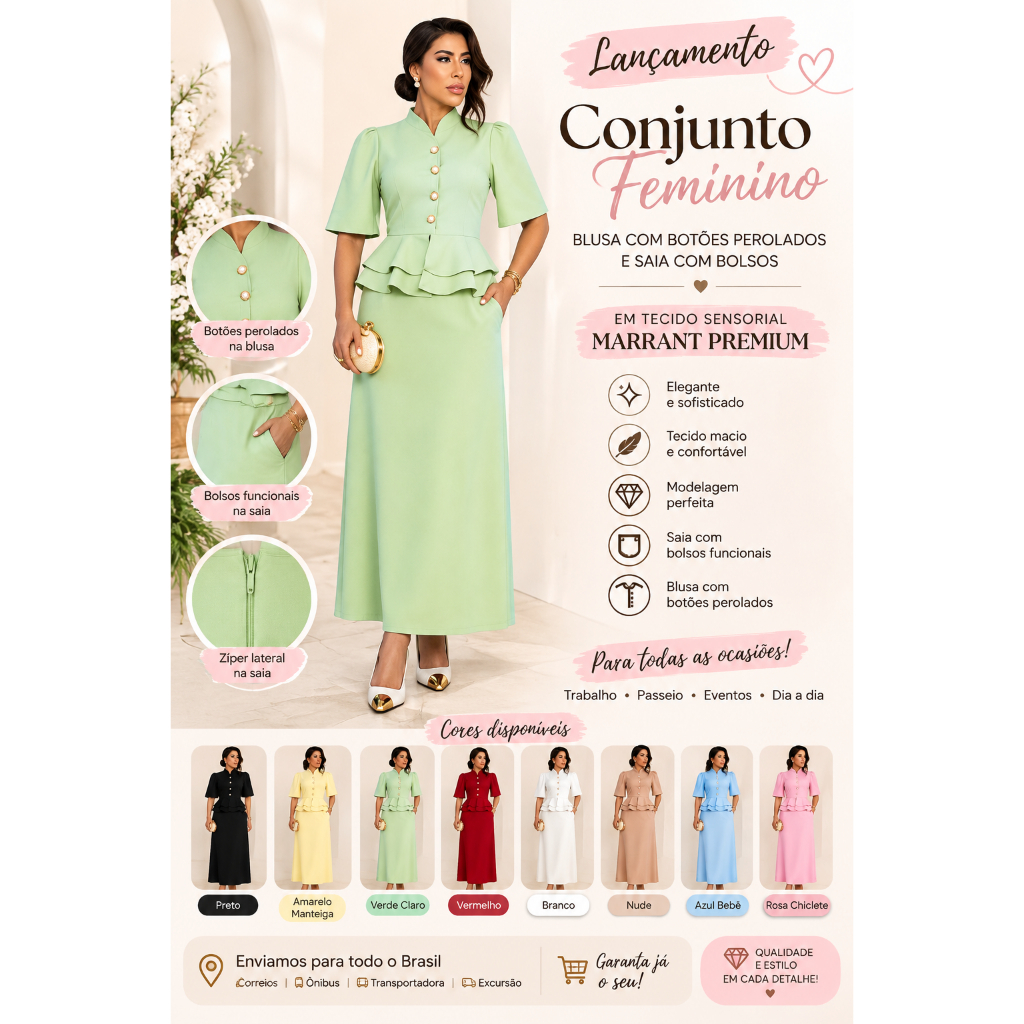Conjunto feminino elegante blusa com babado e botões saia com zíper ...