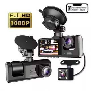 Câmera Veicular Full HD 1080p 3 Lentes (Frontal + Interna + Traseira) com Tela LCD | DVR Automotivo com Visão Noturna