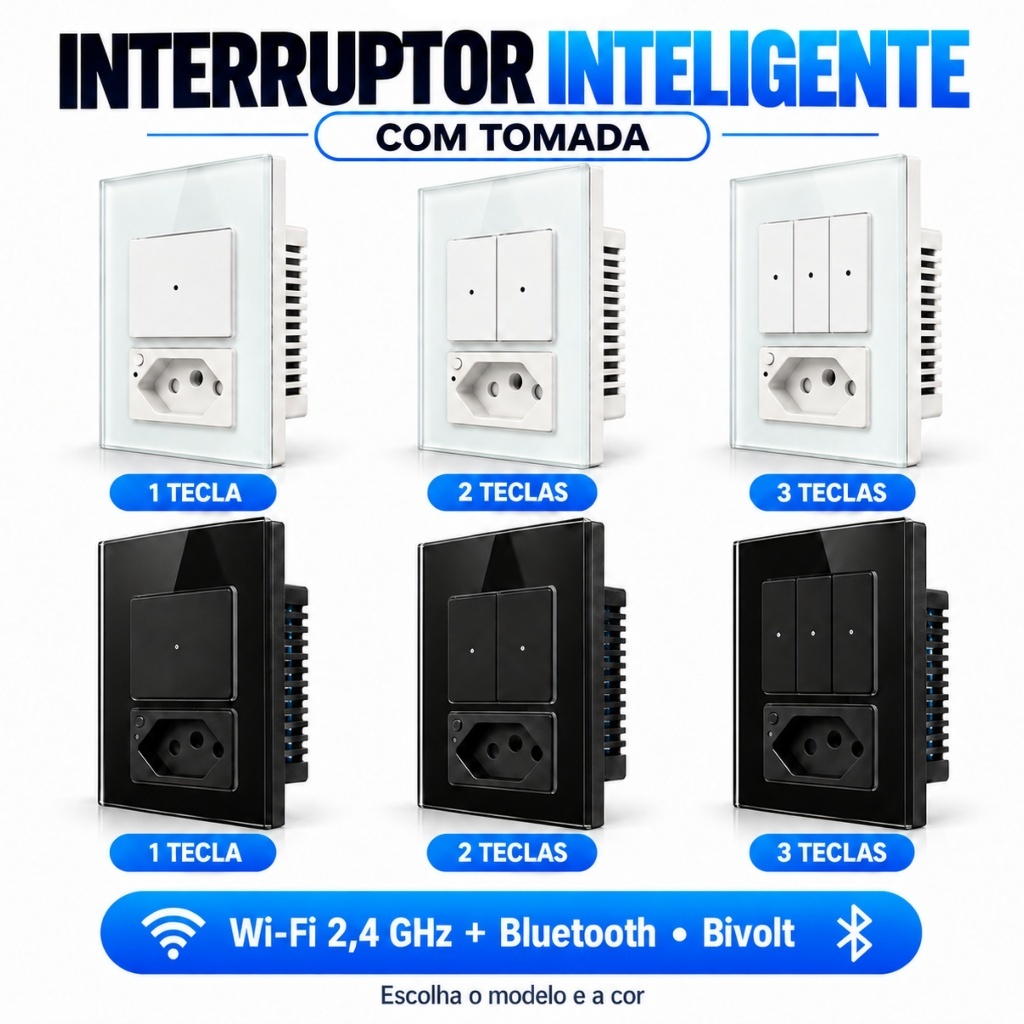 Interruptor Inteligente com Tomada Aitek Wi-Fi Bluetooth Bivolt com Alexa Google 1 2 3 Teclas