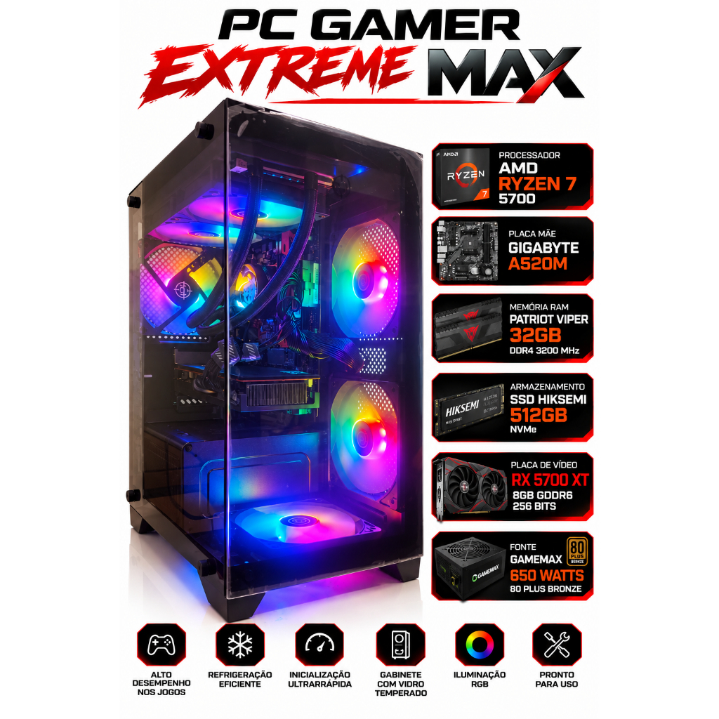 PC GAMER EXTREME MAX AMD RYZEN 7 5700 | RX 5700 XT 8GB | 32GB DDR4 ...