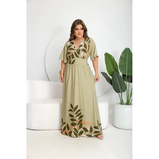 Vestido femenino longo Estampado Manga Flare tecido Viscolinho em Oferta na Shopee