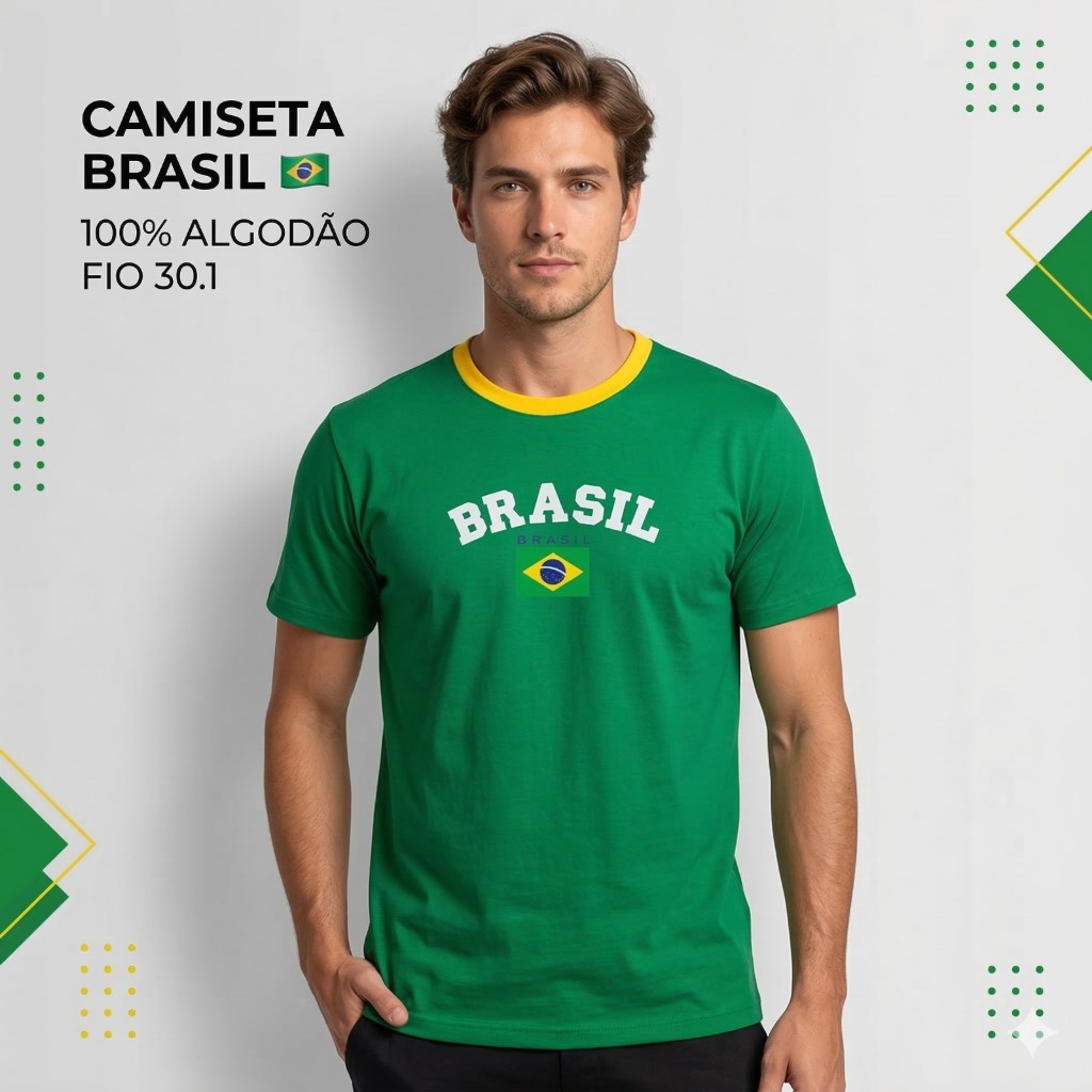 Camiseta Brasil Masculina 100% Algodão Fio 30.1 Camisa Brasil Copa Seleção Brasileira Estampada DTF em Oferta na Shopee