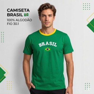Camiseta Brasil Masculina 100% Algodão Fio 30.1 Camisa Brasil Copa Seleção Brasileira Estampada DTF em Oferta na Shopee