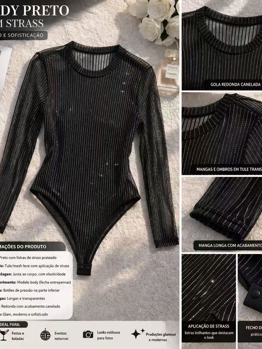 Body Feminino Preto com Strass Brilho Noturno Manga Longa Transparente ...