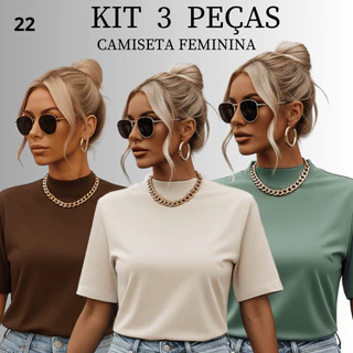 Kit 3 Blusa Feminina Blusinha T-shirt Oversized Gola Alta Lisa algodão Macio