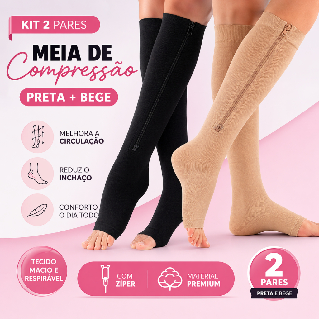 Kit 2 Pares de Meias de Compressão 3/4 Circulação Varizes Inchaço ...