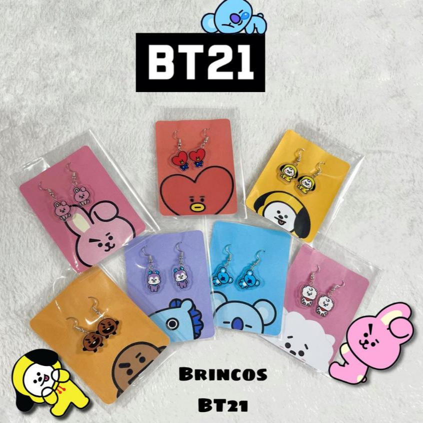 Brincos BTS BT21 Koya, RJ, Shooky, Mang, Chimmy, Tata, Cooky, BTS ...