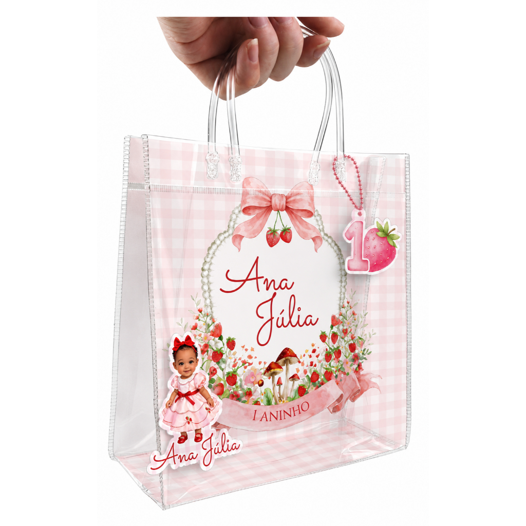 FUNDO PARA SACOLINHA PVC TRANSPARENTE+ TAG + APLIQUE - TEMA MORANGUINHO ...