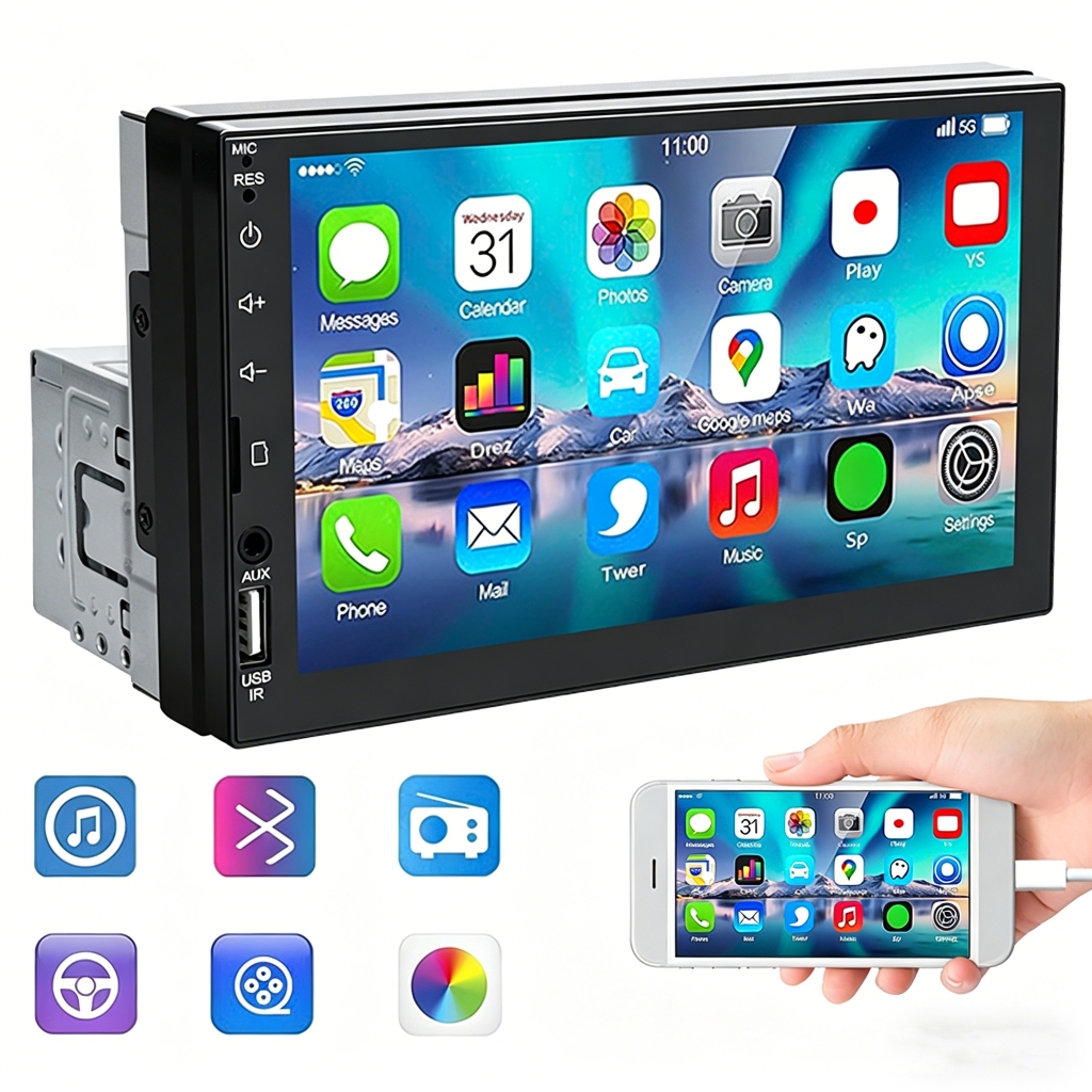 Central Multimídia Automotiva 1 Din 7 Inch MP5 Bluetooth Com Tela Sensível Ao Toque USB/AUX/TF Mirrorlink