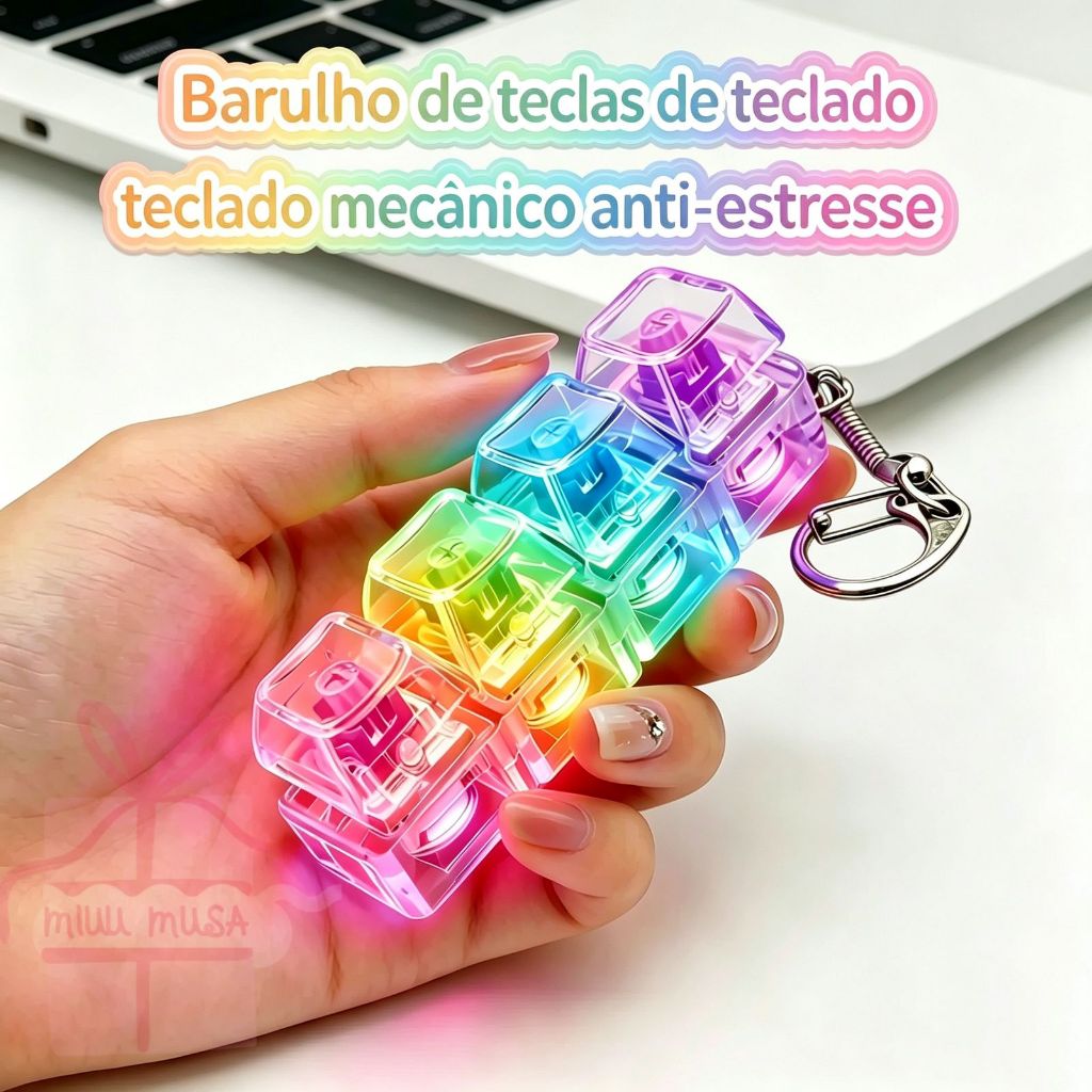 Chaveiro Anti-Stress Teclado Mecânico 4 Teclas com Som - Alívio de Ansiedade, Ideal para Escritório e Estudos