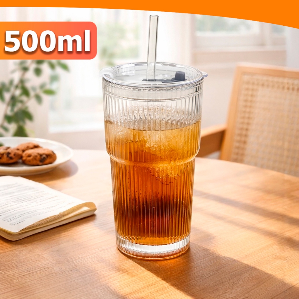 Copo de Vidro Groove Com Tampa e Canudo 500ml Vedação Hermética Reutilizável Água Suco Drink Batidas