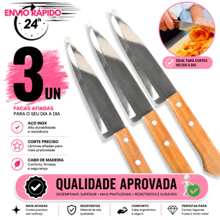 KITs DE 3 OU 2 FACAS DE CARNE LEGUMES PEIXEIRA DE INOX 6 '' CABO MADEIRA