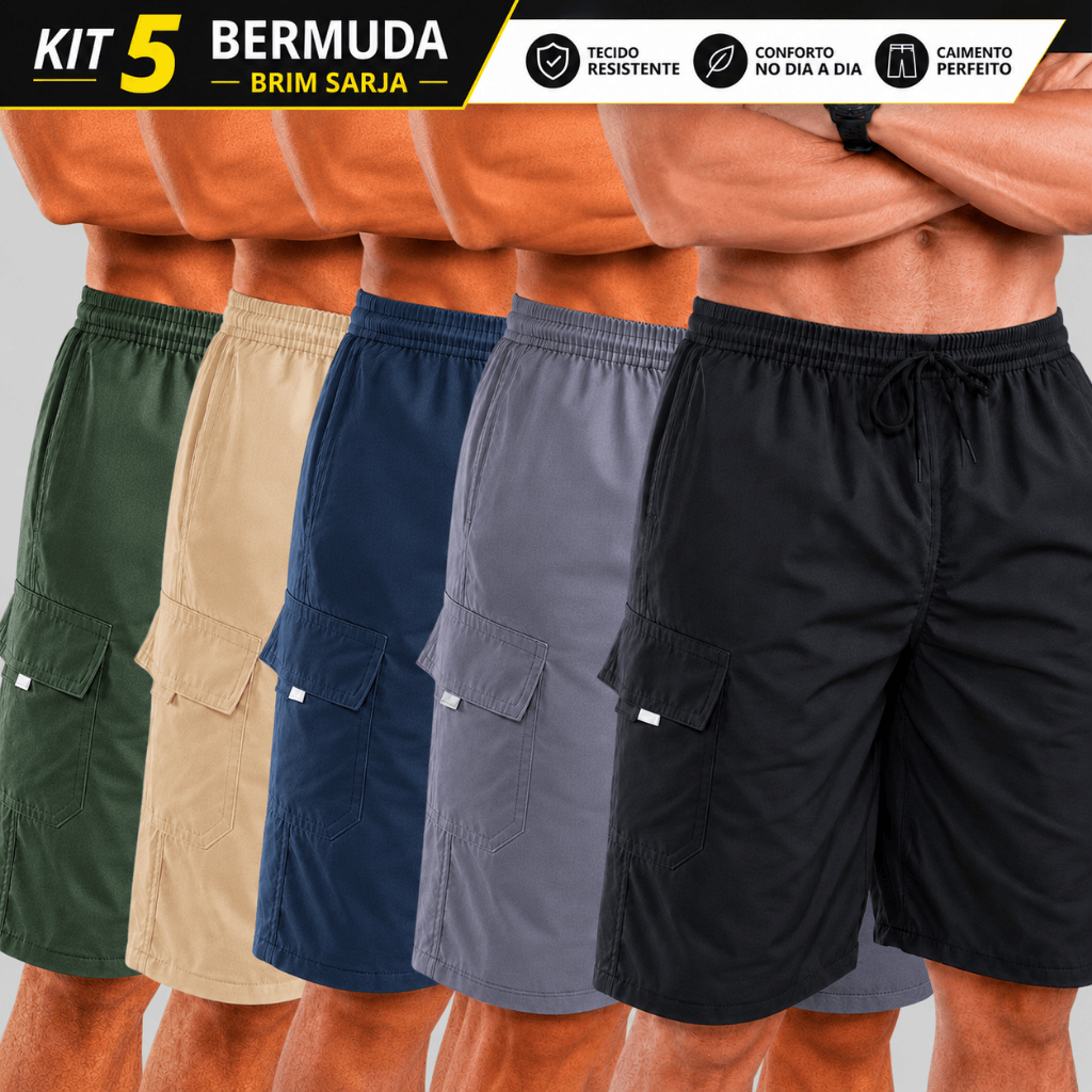 Kit 5 Bermuda Masculina Brin Elástico Cargo Cordão Cintura