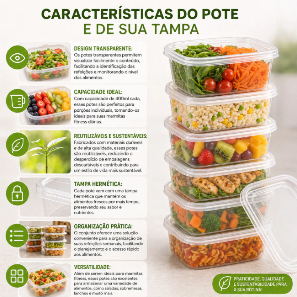 Kit Marmitas Potes Retangulares 300ml Transparente Bpa Free Freezer Microondas Organizador De Alimentos - Imagem 2