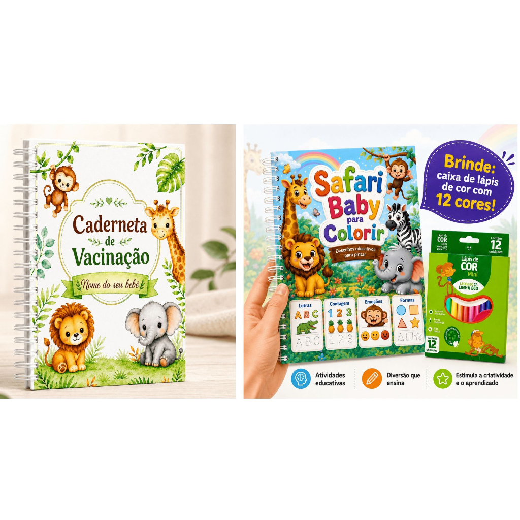Caderneta da Criança (Vacinação) Safari Baby + Livrinho de Colorir | 50 Atividades Educativas Exclusivas