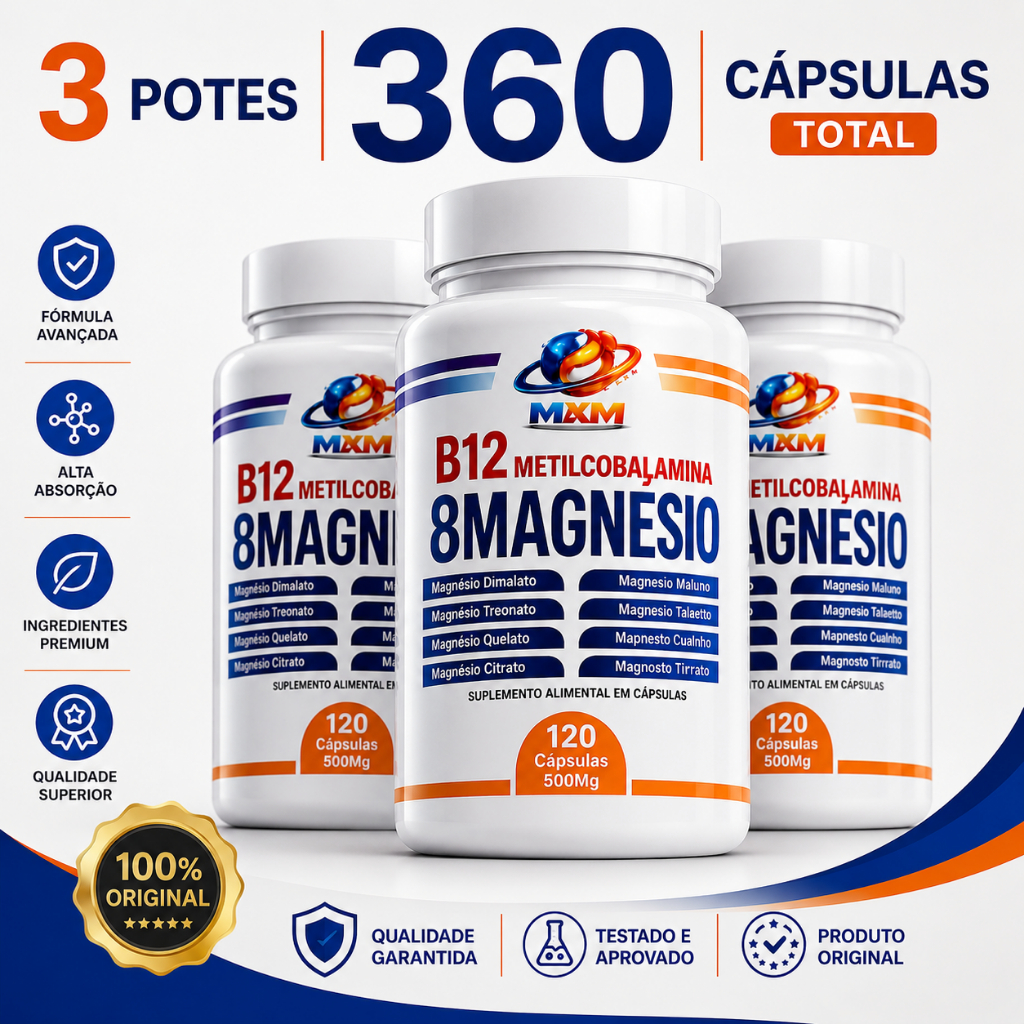 8 Magnésios + Vitamina B12 Metilcobalamina M&M 120 Cápsulas 500mg Fórmula Avançada Alta Qualidade