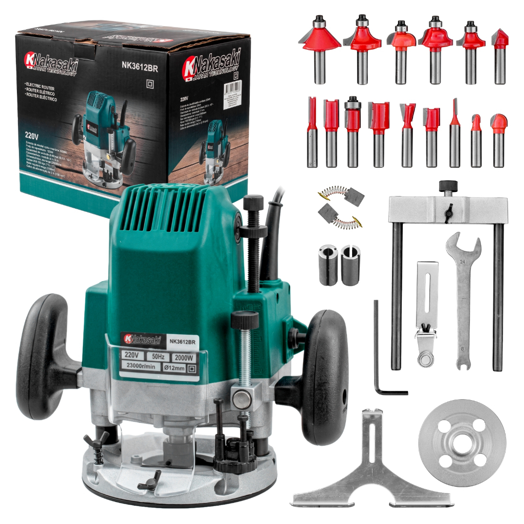 Tupia De Coluna 2000W 12mm Knakasaki Profissional Com Fresas 8mm 15 Peças E Acessórios 23000rpm