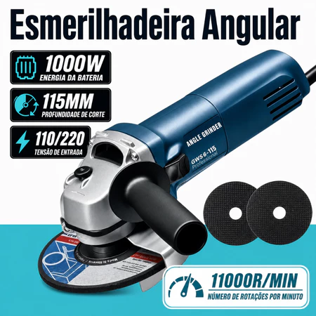 Esmerilhadeira Lixadeira 1000W 115mm Bivolt 110V 220V KINETX Angular 11000rpm Profissional