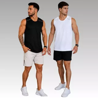 Kit 2 Camisetas Regatas Preto-Branco Lisa Solida Masculina Esportiva Cross Fit Dry fit Academia Caminhada
