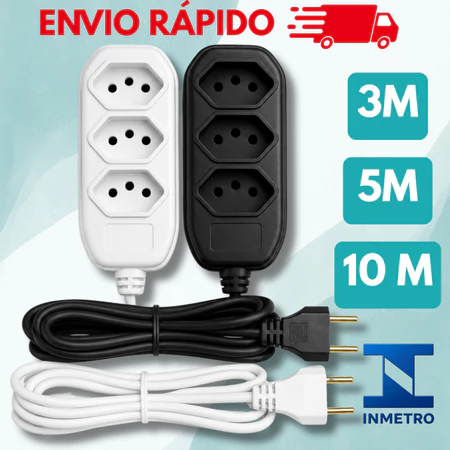 Extensão elétrica de 2 3 5 e 10 metros bivolt 110v 220v preta 3 pinos 10A padrão BRA NBR 14136