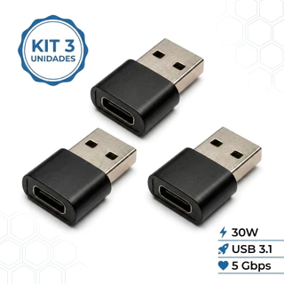 Kit 3 Adaptadores USB-C Fêmea Para USB-A Macho 3.1 OTG Carregamento e Transferência de Dados