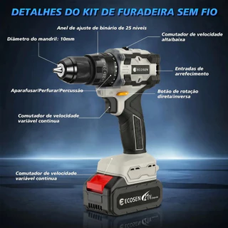 Furadeira Parafusadeira 21V 85N.m Tensão universal 110V/220V ECOSEN PRO versão profissional