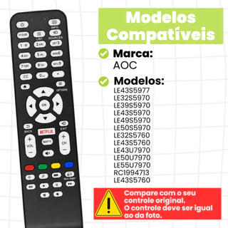 Controle remoto Tv AOC smart RC1994713 / LE32S5760 / LE43S5760 / LE43S5970 / LE43U7970 - 8050