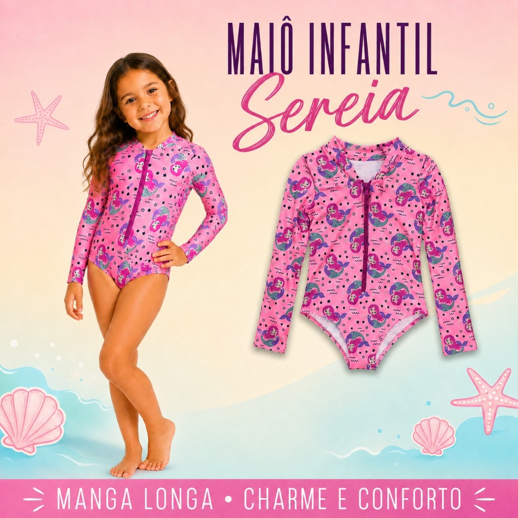 Maiô Infantil Menina Manga Longa com Zíper Frontal Estampado Praia ...