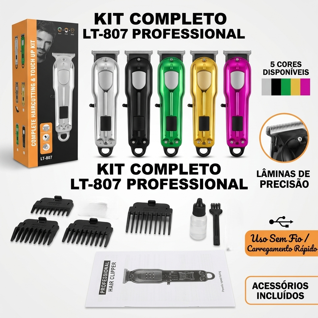 Maquina De Cortar Cabelo Profissional LT807 Barbeiro Kit Completo Com Pentes Recarregável