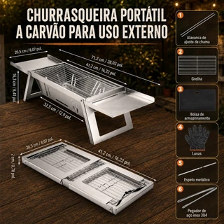 Churrasqueira Portátil Dobrável Inox 304 Carvão - 71x21x16.5cm E Pinça Para Picnic, Quintal, Terraço E Camping
