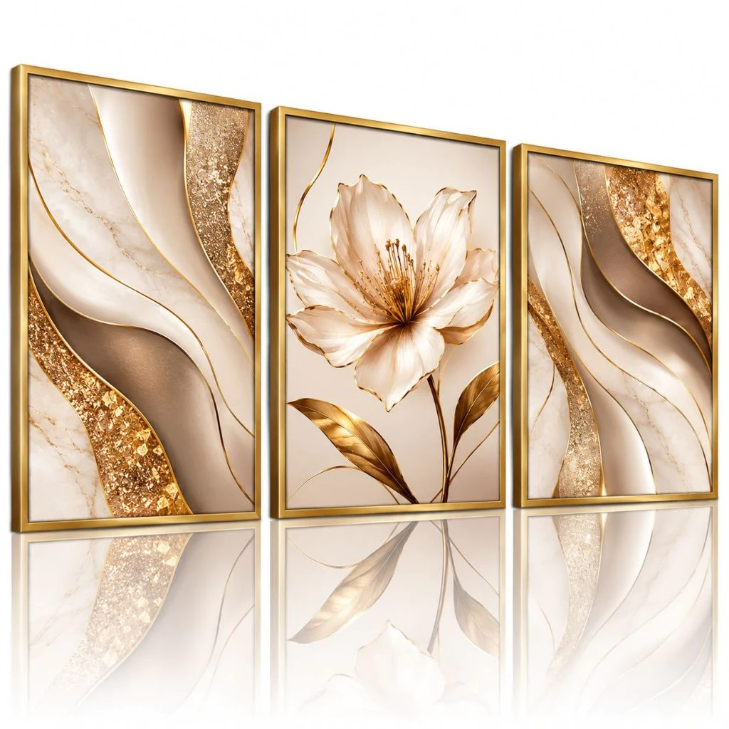 Kit 3 Quadros Decorativos para Sala Abstrato Floral Bege Dourado Luxo Moderno