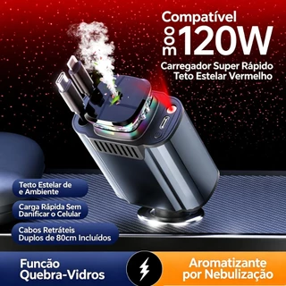 120W Carregador Veicular USB-C Lightning 6 em 1 com Luz das estrelas,Perfume,Quebra‑vidros