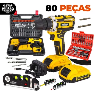 Kit Ferramenta Parafusadeira Furadeira 21V Sem Fio + Kit Ferramentas 80 Peças + Nível Laser Multifuncional Mello Tools