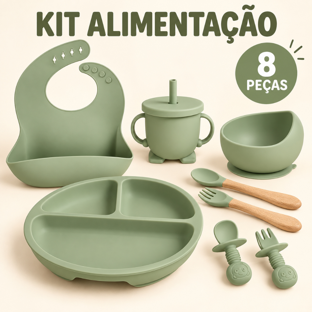 Kit 8 peças Talheres e Prato De Jantar De Silicone infantil