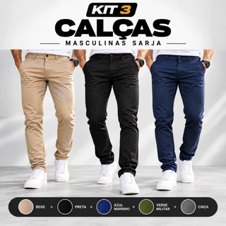 Kit 03 Calças Sarja Masculina Elastano Slim Fit Confortável Cores Variadas Combo Triplo Promoção Casual Elegante