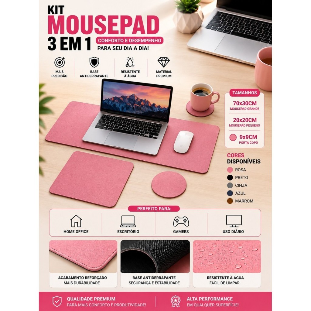 MousePad Grande Couro Desk Pad Kit Mouse Pad 70x30 + Mouse Pad 20x20 + Porta Copo Couro