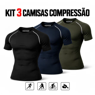 Kit 3 Camisetas de Compressão Masculina KEMZE LISA Alta Performance para Treino e Academia.