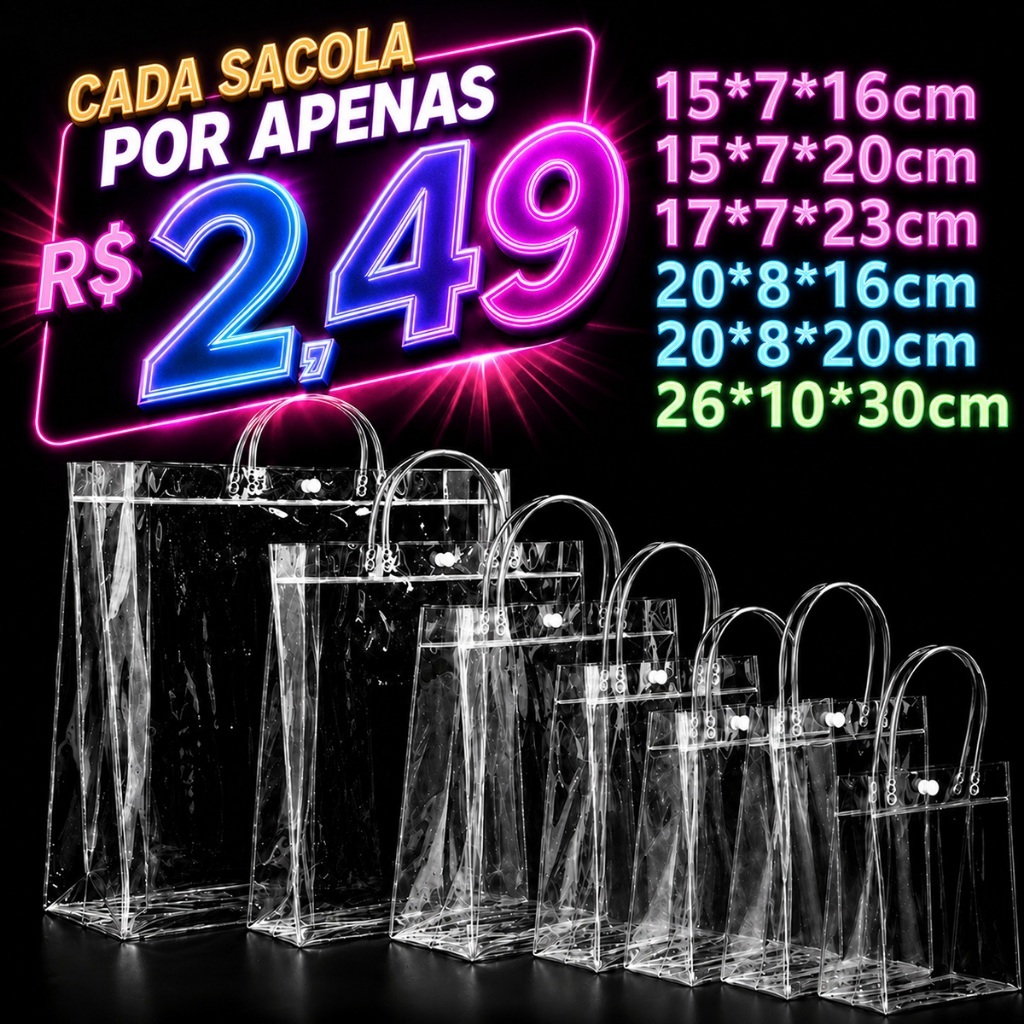 Kit 20/25/30/50 Sacos de Presente PVC Transparente com Alças Reutilizáveis para Dia dos Namorados Festa Junina Aniversár
