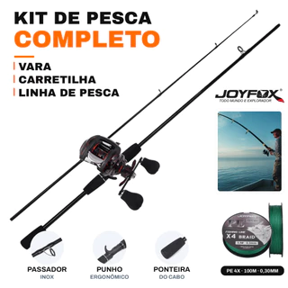 Kit De Pesca JOYFOX Vara Fibra Vidro Preta 1,65m Cabo Pistola Linha PE 100m Molinete Gota d'Água Destro Canhoto