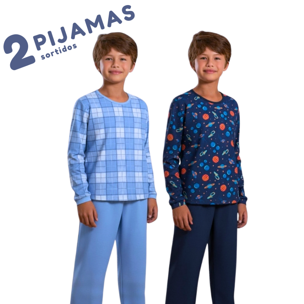 Kit 2 Pijamas Comprido Infantil Menino | Pijama Inverno Quentinho Juvenil Sortido | Tamanho 2 ao 16 anos em Oferta na Shopee