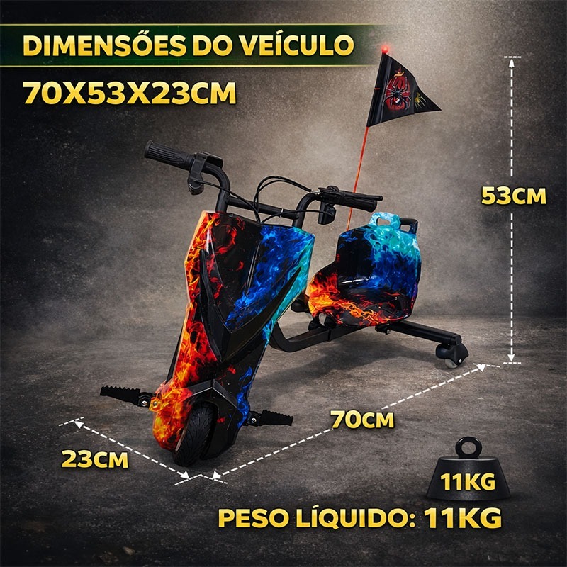 VYRON Triciclo Elétrico Drift 8” 36V 250W com Bluetooth /Led
