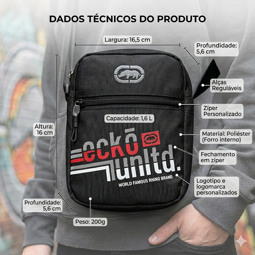 Shoulder Bag Preta Ecko Bolsa Transversal Ajustável Resistente