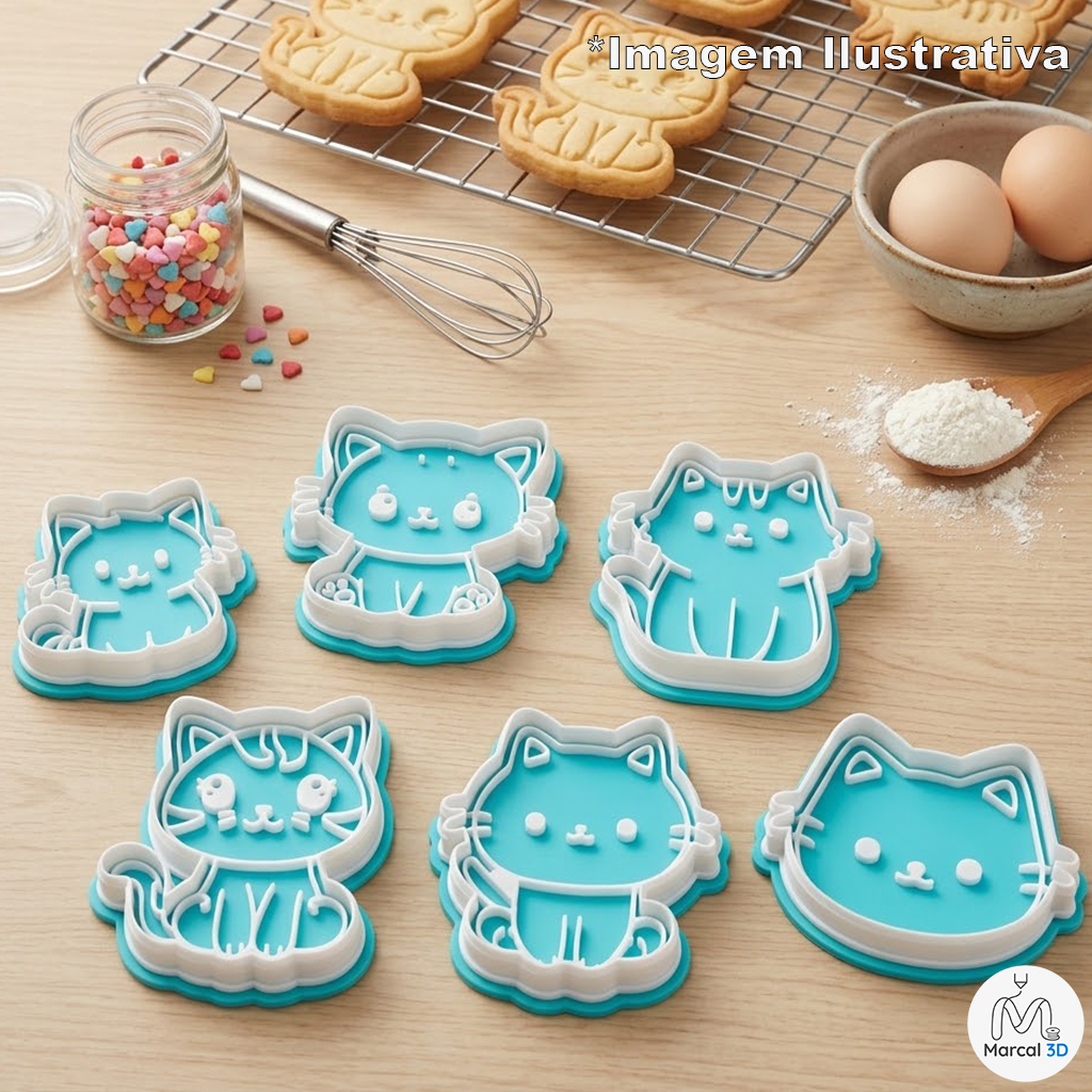 Cortador de Biscoito Gatos Gatinhos Felinos Cortador e Carimbo Molde Massinha