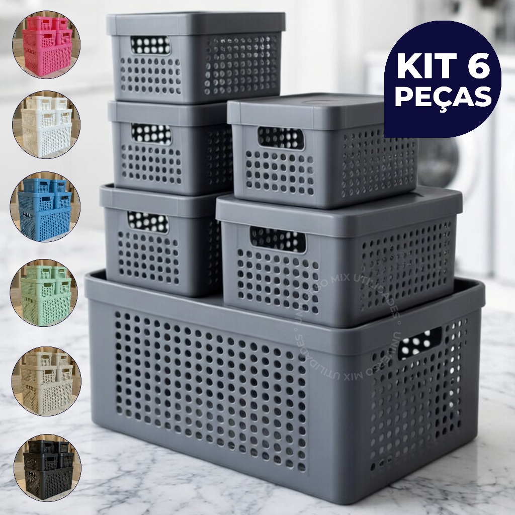 Kit 6 Caixa Organizadora com Tampa Empilhável Cesto Multiuso 2L 4,5L 17L