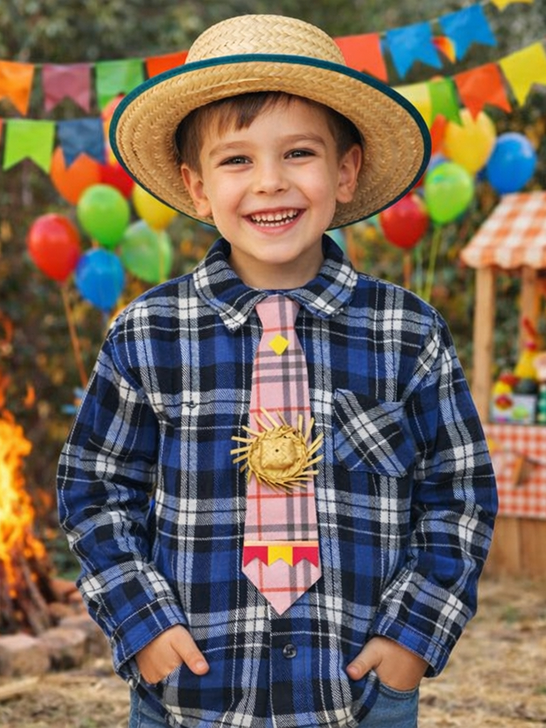 Camisa Xadrez Azul Menino Festa Junina  c/ Gravata, Chapéu e Retalho.