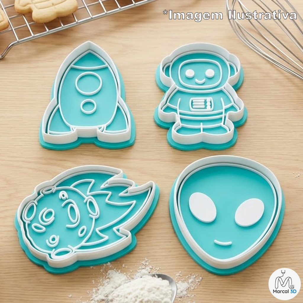 Kit Cortador de Biscoito Astronauta Foguete Meteoro Alienigena ET Carimbo Molde Biscoito Massinha Confeitaria